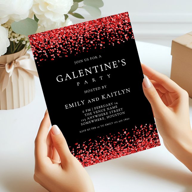 Sparkly Red Glitter Borders Black Galentines Party Invitation (Creator Uploaded)