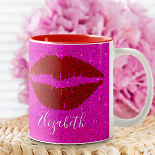 Sparkly red lips on pink star glitter custom name Two-Tone coffee mug
