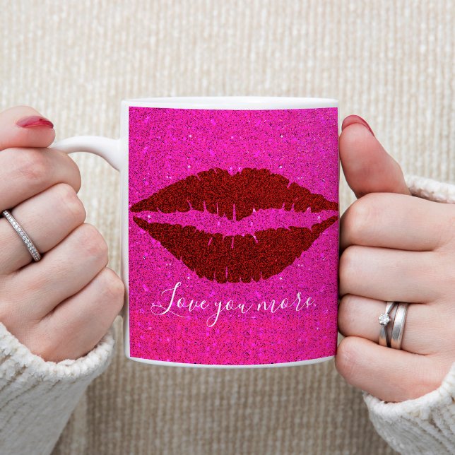 Sparkly Red Lips Pink Glitter Love You More Script Coffee Mug (Creator Uploaded)