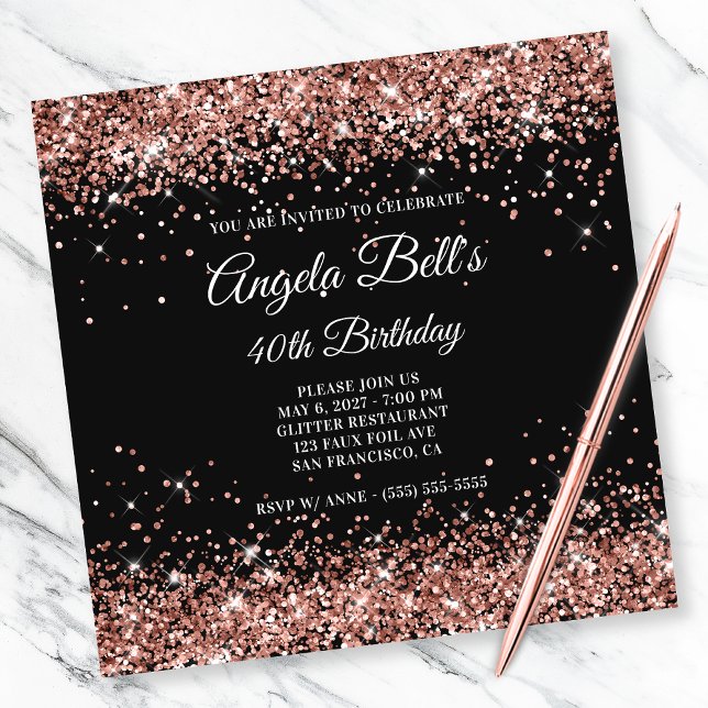 Sparkly Rose Gold Glitter 40th Birthday Black Invitation (Creator Uploaded)