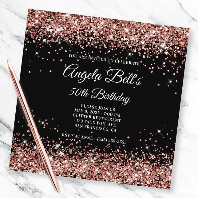 Sparkly Rose Gold Glitter 50th Birthday Black Invitation (Creator Uploaded)