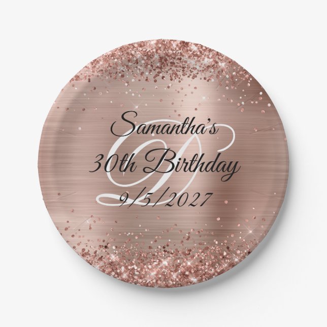 Sparkly Rose Gold Glitter and Foil 30th Birthday Paper Plate (Front)