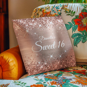 Sparkly Rose Gold Glitter and Foil Sweet 16 Cushion