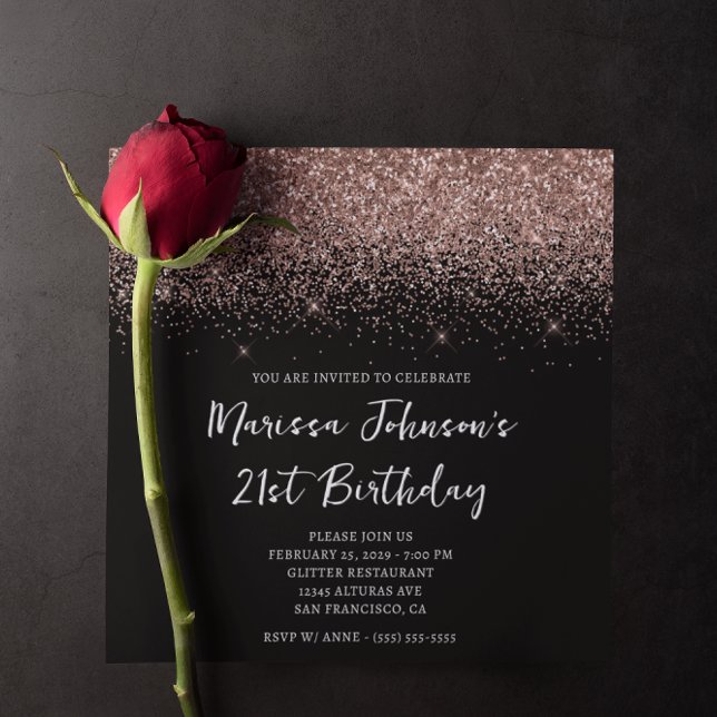 Sparkly Rose Gold Glitter Black 21st Birthday Invitation (Sparkly Rose Gold Glitter Black 21st Birthday Invitation)