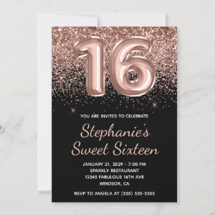Sparkly Rose Gold Glitter Black Number 16 Birthday Invitation