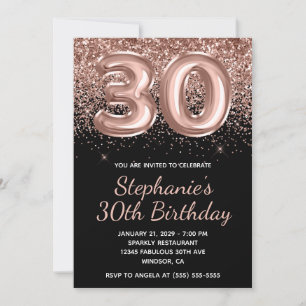 Sparkly Rose Gold Glitter Black Number 30 Birthday Invitation