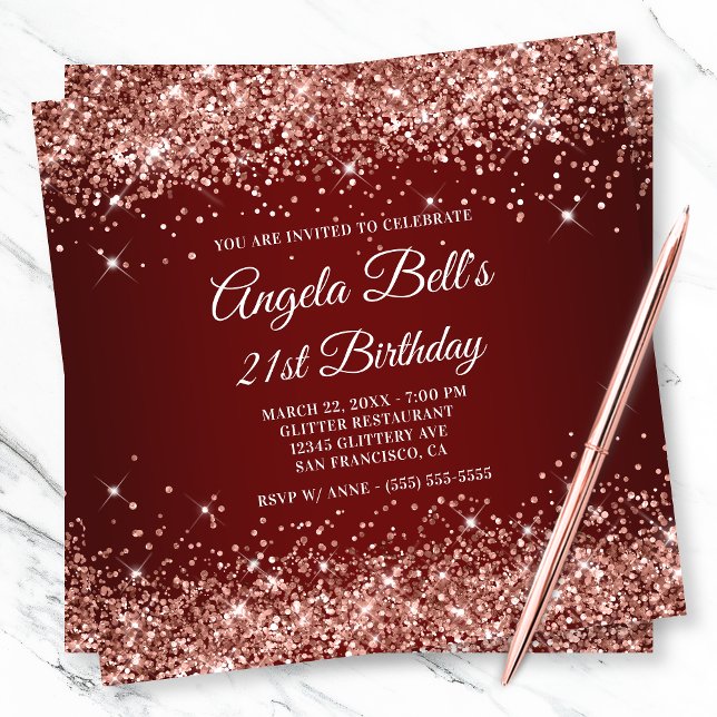 Sparkly Rose Gold Glitter Dark Red 21st Birthday Invitation (Creator Uploaded)
