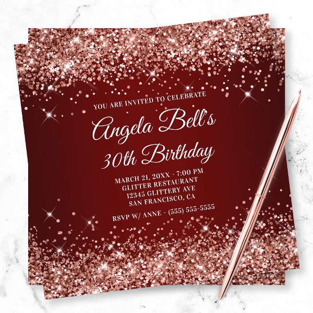Sparkly Rose Gold Glitter Dark Red 30th Birthday Invitation (Creator Uploaded)