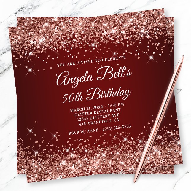 Sparkly Rose Gold Glitter Dark Red 50th Birthday Invitation (Creator Uploaded)