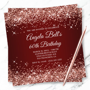 Sparkly Rose Gold Glitter Dark Red 60th Birthday Invitation