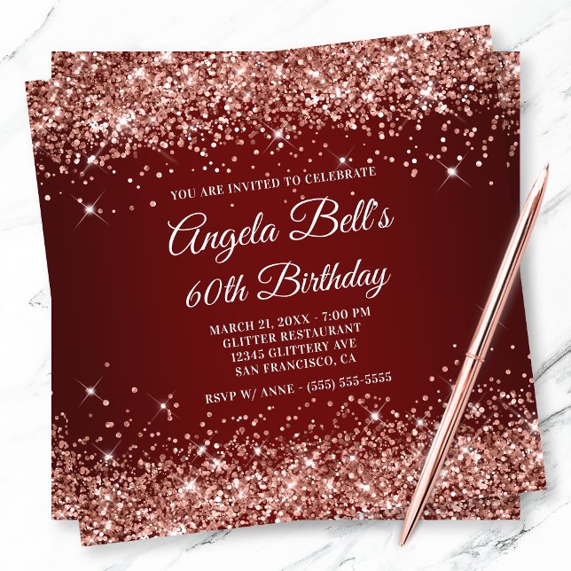 Sparkly Rose Gold Glitter Dark Red 60th Birthday Invitation (Creator Uploaded)