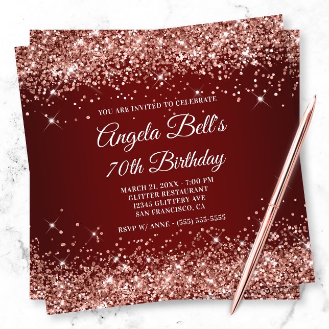 Sparkly Rose Gold Glitter Dark Red 70th Birthday Invitation (Creator Uploaded)