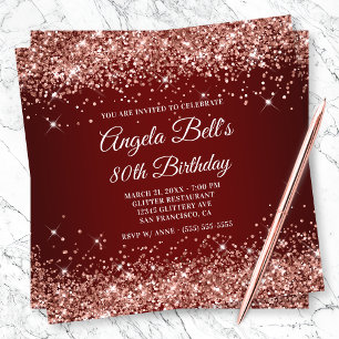 Sparkly Rose Gold Glitter Dark Red 80th Birthday Invitation