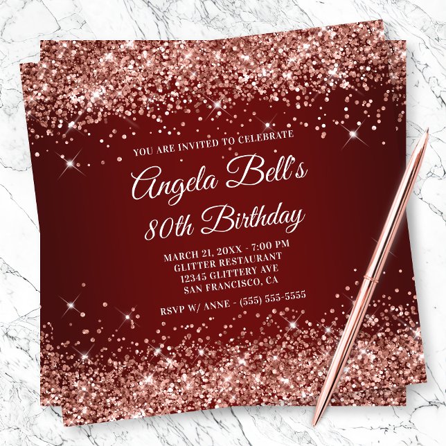 Sparkly Rose Gold Glitter Dark Red 80th Birthday Invitation (Creator Uploaded)