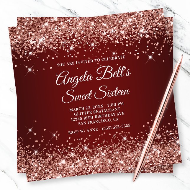 Sparkly Rose Gold Glitter Dark Red Sweet Sixteen Invitation (Creator Uploaded)