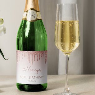 Sparkly Rose Gold Glitter Drip 80th Birthday Party Sparkling Wine Label
