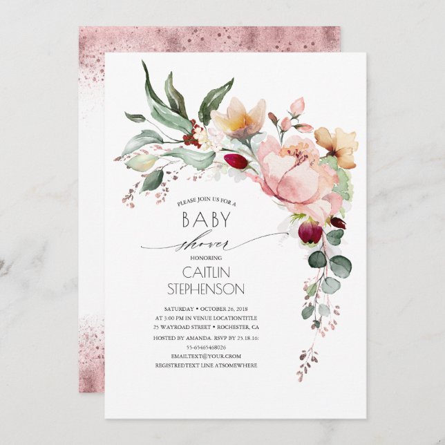Sparkly Rose Gold Glitter Floral Baby Shower Invitation (Front/Back)