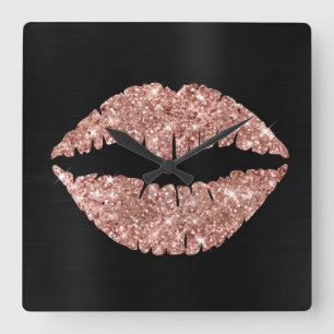 Sparkly Rose Gold Glitter Lipstick Black Foil Square Wall Clock