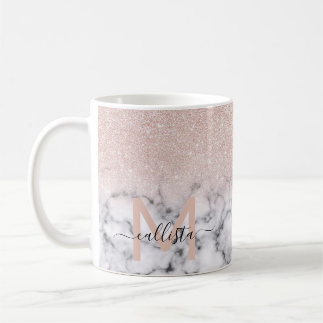 Sparkly Rose Gold Glitter Marble Ombre Coffee Mug (Left)