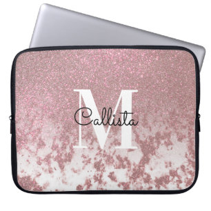 Sparkly Rose Gold Glitter Marble Ombre Monogram Laptop Sleeve
