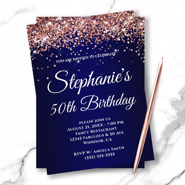 Sparkly Rose Gold Glitter Navy Gradient Invitation (Creator Uploaded)