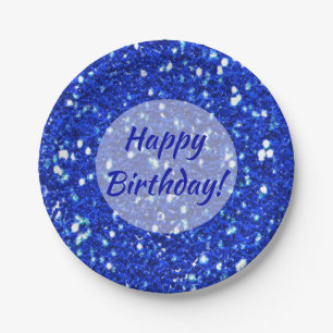 Sparkly Royal Blue Glitter Look Happy Birthday Paper Plate