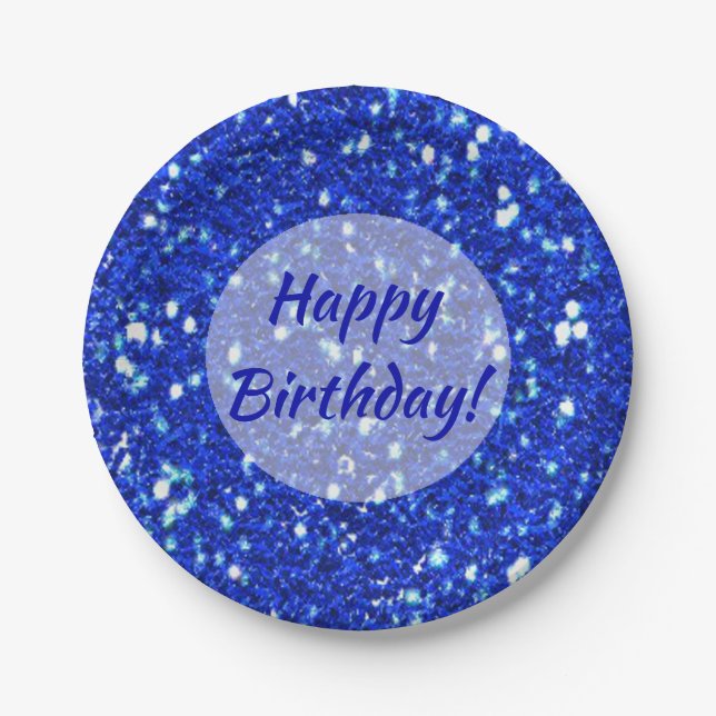 Sparkly Royal Blue Glitter Look Happy Birthday Paper Plate (Front)