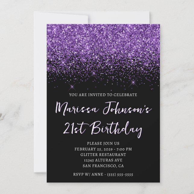 Sparkly Royal Purple Glitter Black 21st Birthday Invitation (Front)