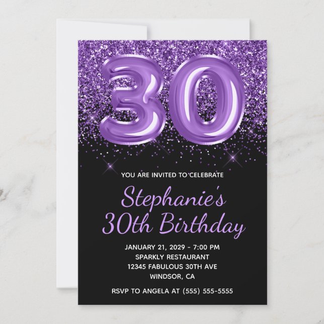 Sparkly Royal Purple Glitter Black Number 30 Invitation (Front)
