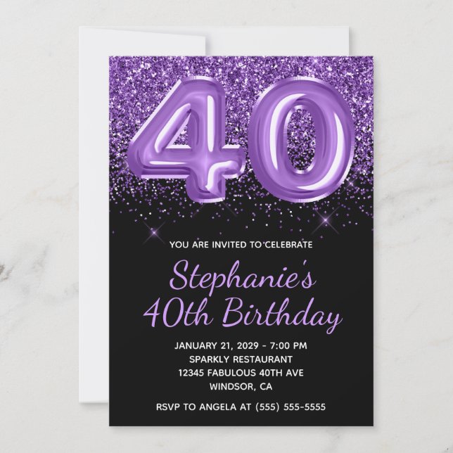 Sparkly Royal Purple Glitter Black Number 40 Invitation (Front)