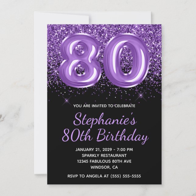 Sparkly Royal Purple Glitter Black Number 80 Invitation (Front)