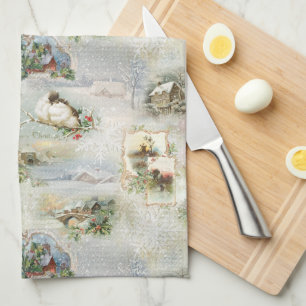 Sparkly Rustic Christmas Winter Scenes Collage Tea Towel