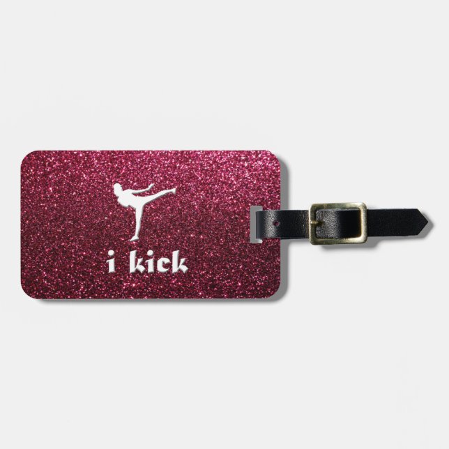 Sparkly Shimmering fuchsia  'i kick' custom Luggage Tag (Front Horizontal)