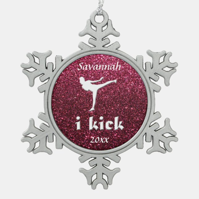 Sparkly Shimmering fuchsia 'i kick' custom Snowflake Pewter Christmas Ornament (Front)
