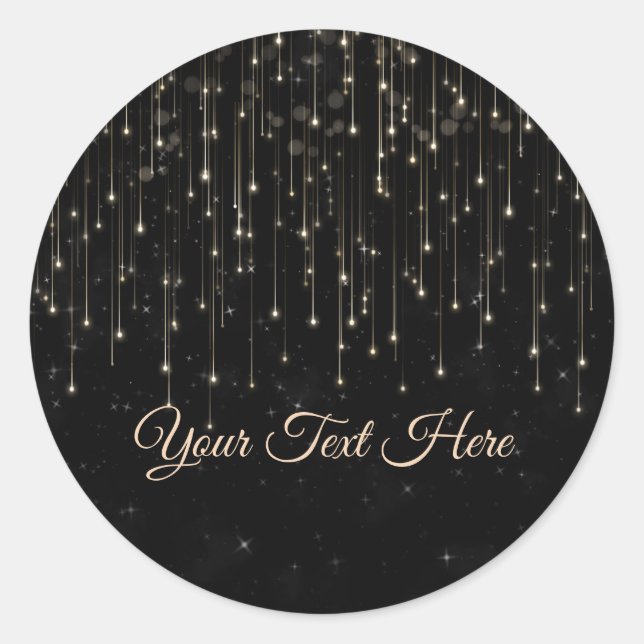 Sparkly Shooting Stars Black Chic Engagement Party Classic Round Sticker (Front)