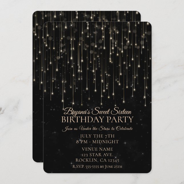 Sparkly Shooting Stars Black Chic Sweet 16 Invitation (Front/Back)