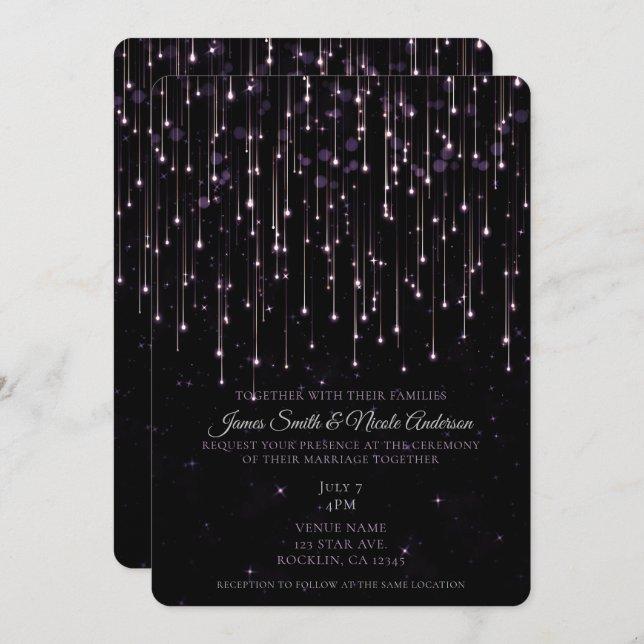 Sparkly Shooting Stars Purple Chic Modern Wedding  Invitation (Front/Back)