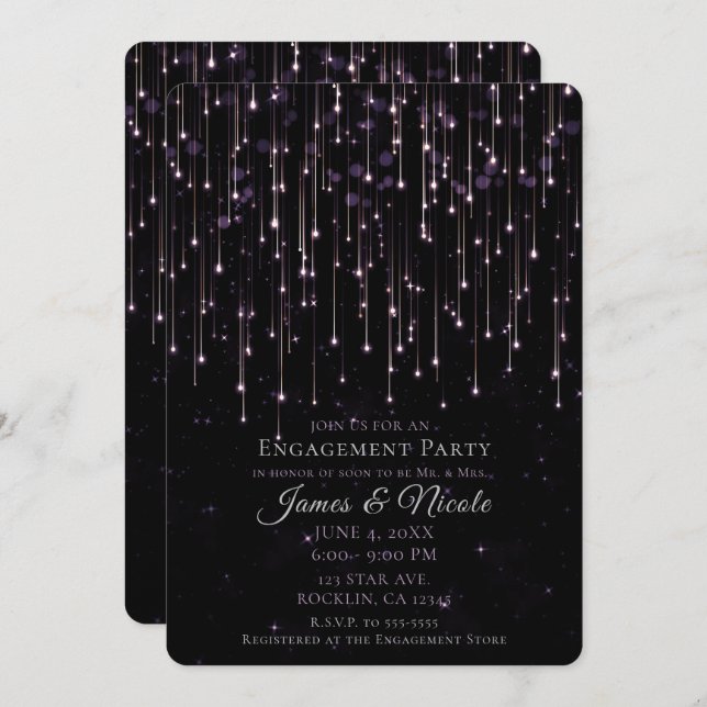 Sparkly Shooting Stars Purple Engagement Party Inv Invitation (Front/Back)