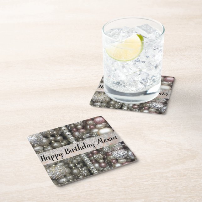 Sparkly Silver and Pink Beads Square Paper Coaster (Insitu)