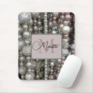 Sparkly Silver and Pink Stringed Beads Monogram Mouse Pad