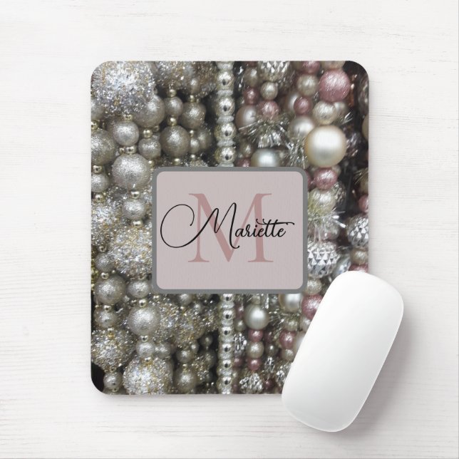 Sparkly Silver and Pink Stringed Beads Monogram Mouse Pad (With Mouse)