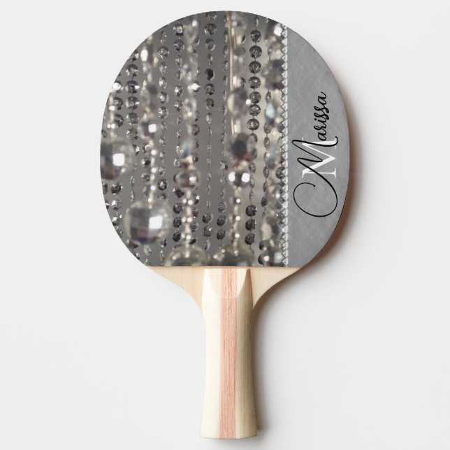 Sparkly Silver Beads Monogram Ping Pong Paddle (Front)