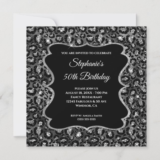 Sparkly Silver Black Leopard Glam 50th Birthday Invitation (Front)