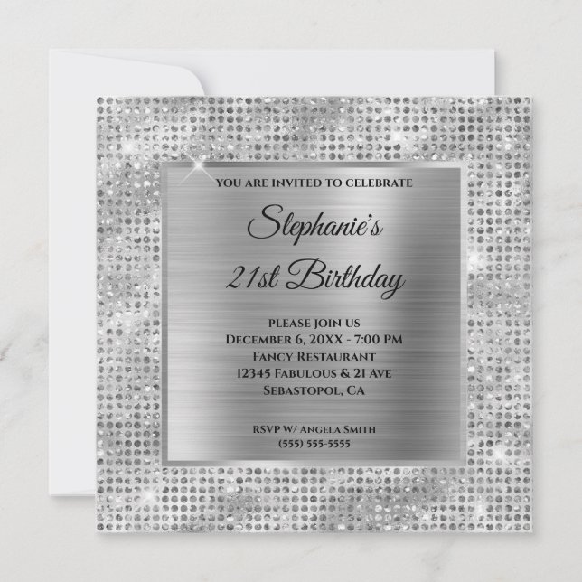 Sparkly Silver Diamond Studded Foil 21st Birthday Invitation (Front)