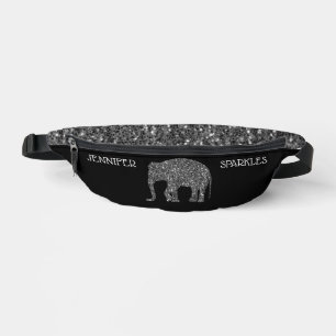 Sparkly silver Elephant Custom name black Bum Bags