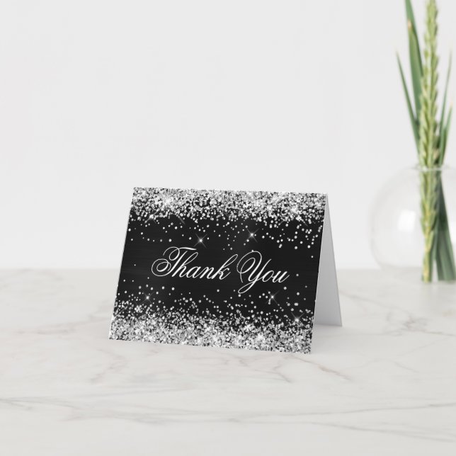 Sparkly Silver Faux Glitter Black Foil Thank You Card (Front)