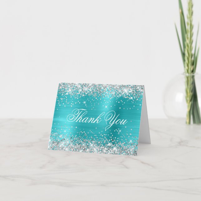 Sparkly Silver Faux Glitter Turquoise Blue Foil Thank You Card (Front)