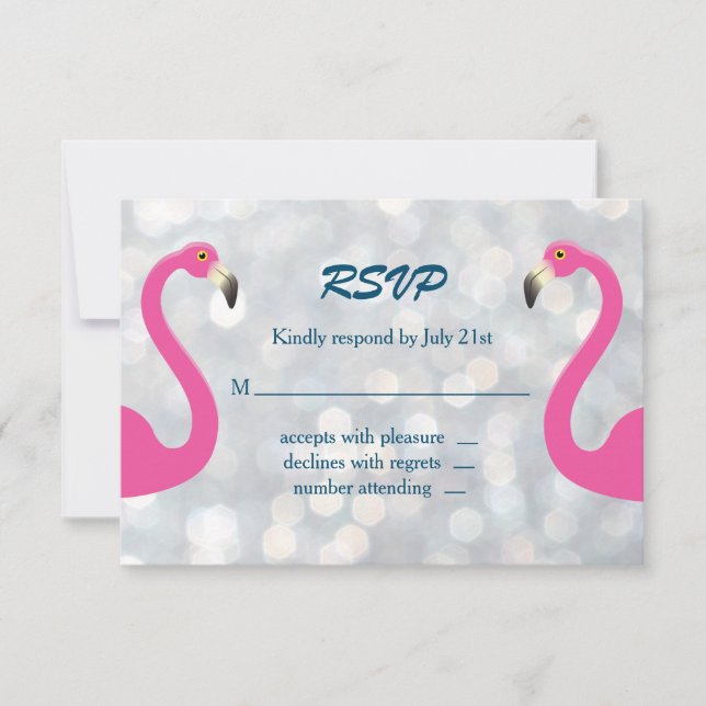 Sparkly Silver Flamingo Wedding RSVP (Front)