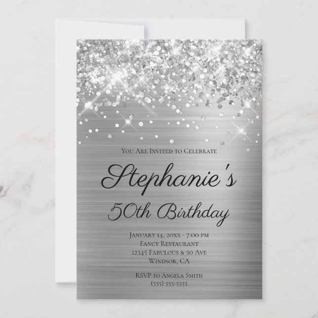Sparkly Silver Foil Elegant Script 50th Birthday Invitation (Front)