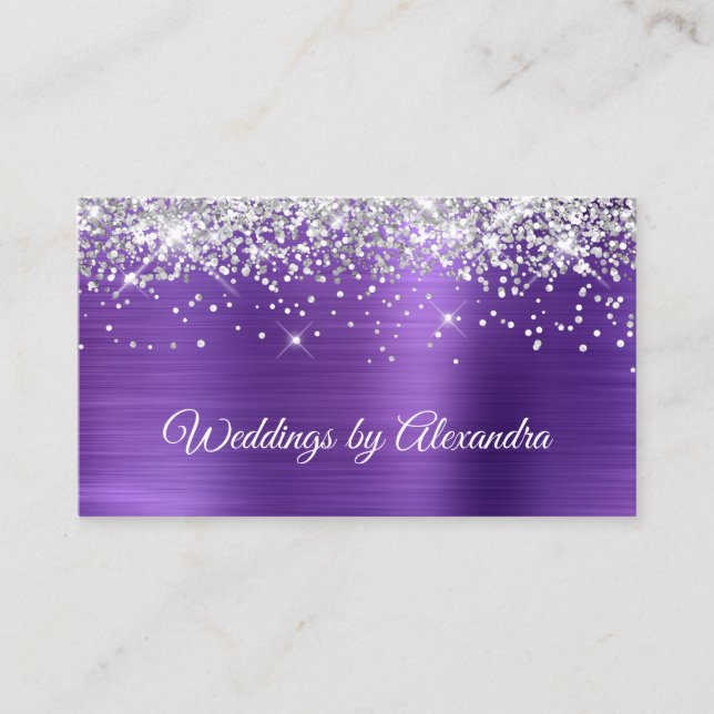 Sparkly Silver Glitter Amethyst Satin Foil Business Card (Front)